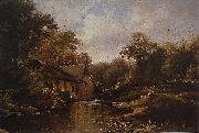 Theodore Fourmois Watermill in the Ardennes with angler painting
